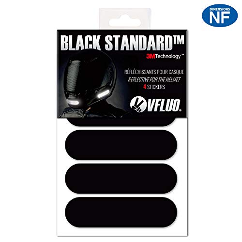 VFLUO Black Standard™, Kit de 4 Pegatinas Retro Reflectantes para Casco de Moto, Visibilidad de Noche, 3M Technology™, Negro