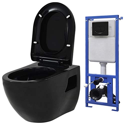 vidaXL Inodoro de Pared con Cisterna Oculta Suspendido Váter para Baño Fácil de Limpiar Cierre Suave Tapa Automática Cerámica Negro