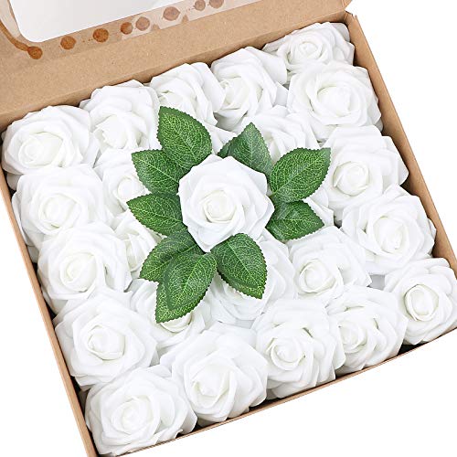 VINFUTUR 50pcs Rosas Artificiales Blancas Flores Artificiales Espuma con Hojas y Tallos Cabezas de Rosa Falsa Artificial para Decoración Jarrón Mesa Boda Fiesta Hogar Manualidad DIY