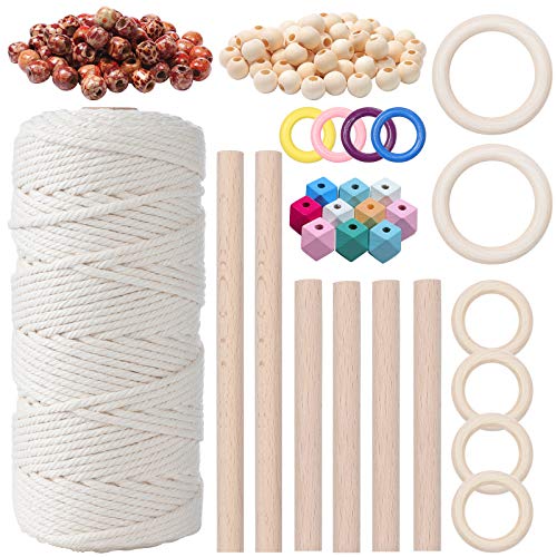 Wodasi Kit de Cordón de Macramé, 109 Yards 3mm Cuerda Cordón de Macramé Natural con Anillos de Madera, Cuentas de Madera, Palos de Madera para Manualidades Costura, DIY Artesanía, 147Pcs