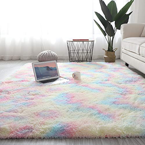 Wongfon Alfombras de área Rainbow para habitación de niñas, alfombras coloridas y esponjosas modernas, alfombras de piso lindas, alfombra de juego Shaggy para niños, niñas, dormitorio