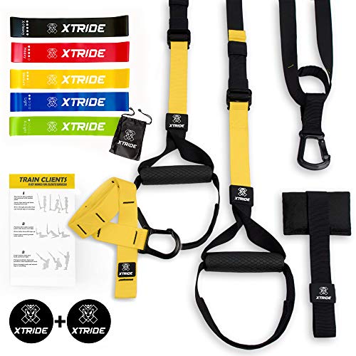 Xtride Kit de Entrenamiento en Suspensión Fitness Profesional, Cintas TRX, Bandas Elásticas, Entrenamiento Muscular con Anclaje para la Puerta