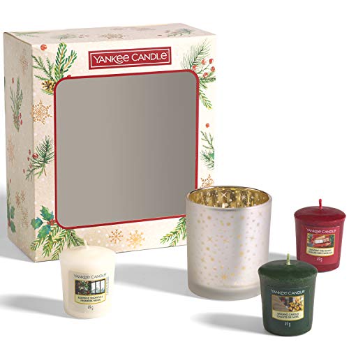 Yankee Candle - Juego de 3 velas votivas aromáticas navideñas y 1 soporte para regalo