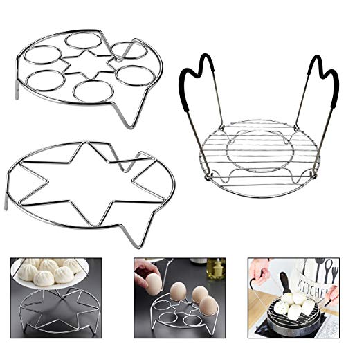 YWQ Juego de 3 Acero Inoxidable Soporte para Vaporera,6 Hoyos para Cocinar Huevos con Asas de Silicona Olla,Rejilla Enfriadora, Cremallera del Vapor de la Cocina para Cocinar Huevos, Enfriar Amentos