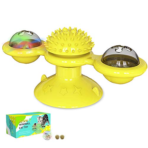 ZoneYan Juguete Gato Giratorio, Windmill Cat Toy, Juguete de Gato Molino de Viento, Juguete Interactivo de Burlas Giratorias para Gatos, Juguete Rascador de Cosquillas para Gatos (Amarillo)