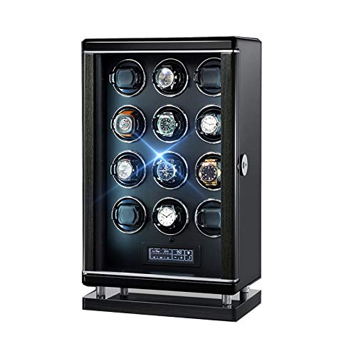 zyy Caja Giratoria para Relojes 12 Relojes Automatico Desbloqueo de Huellas Dactilares con Mando A Distancia LCD con Panel Táctil con Motor Silencioso Luz LED Azul 6 Programas de Rotación