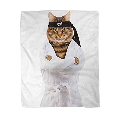 ZZPHH 60x80 Inches Flannel Throw Blanket Angry Cat Is Wearing A Kimono Cat Fighter Is Engaged In Karate Do Hieroglyph Translates Home Decorative Warm Cozy Soft Blanket For Couch Sofa Bed 60x80IN