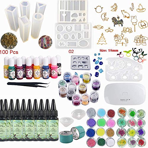 10x30ML Resina UV Epoxi Pegamento Conjunto con Pigmento Líquido Lámpara 11 Moldes 17 Biseles 36 Decoraciones Purpurina Holográfica Flores Secas para Hacer Manualidades Colgantes Pendientes Diamantes