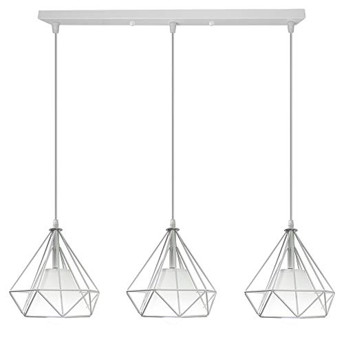 3 Luz Lámpara Colgante Retro Vintage, Estilo Industrial Φ20cm Lámpara de Techo Colgante Iluminación Forma de Diamante (Blanco - 3 Luz)