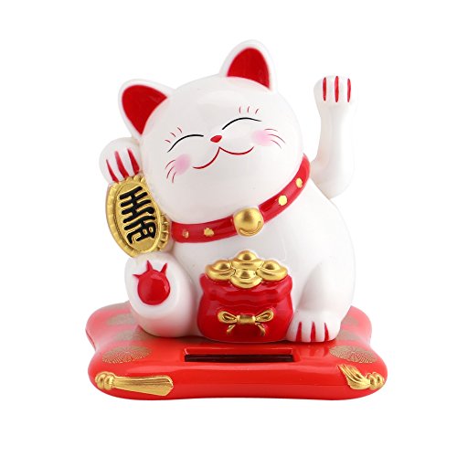 Afortunado Gato, Gato de la fortuna, Gato de la suerte, Fortune Lucky Wealth Acogedor Gato gato con energía solar Cat con Waving Arm Home Display Car Decor(White)