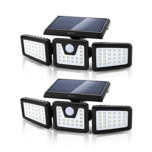 AI TECH-Luz Solar Exterior Foco Solar con Sensor de Movimiento Impermeable IP65 360 ° Ajustable para Garaje Patio y Jardín (2 Pack)