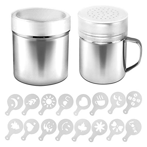 AIFUDA Juego de 2 cocteleras de acero inoxidable con tapa, 16 moldes de impresión de plantillas, latas de polvo con agujero o malla fina para café capuchino latte para cocina y hornear