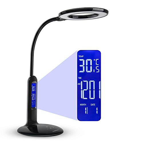 Aigostar Flexo 10KZO - Lámpara de escritorio LED 7W, Pantalla LCD con calendario, temperatura, alarma. táctil, 360lm. 5 Niveles de intensidad, 2 modos de iluminación luz blanca y cálida. Color negro