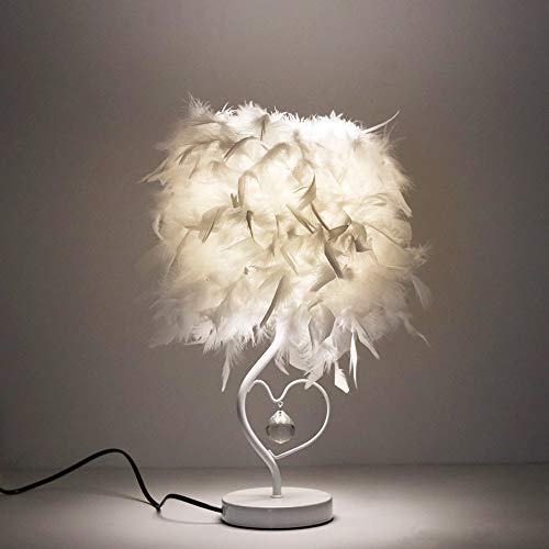 ALLOMN Lámpara Mesilla Noche LED, Lámpara Minimalista Moderna Lámpara Mesa de Noche Vintage Lámpara Mesa de Plumas, Colgante Cristal en Forma Corazón, con Bombilla E27 (Blanco Frío), Enchufe EU