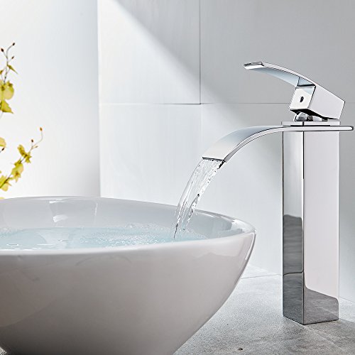 AuraLum Monomando Grifo Lavabo Alto Cascada, Grifo para Lavabos Sobre Encimera de Baño Mezclador Agua Fria y Caliente, Latón Cromado