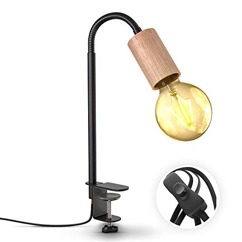 B.K.Licht lámpara de lectura giratoria con interruptor de cable I terminal de tornillo I E27 I Lámpara de pinza de 1 llama I metal - madera I negro