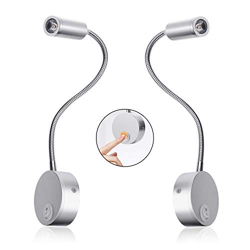 Bojim 2 x Luz de Lectura de Pared 3W 180LM 3000K Blanco Cálido, Lámpara de Lectura Led Montada Flexible y Ajustable, Cuello de Cisne LED 34cm Plata Aluminio + Hierro, Angulo del Haz: 35°, AC230V/50Hz