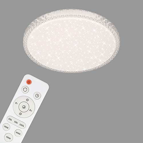 Briloner Leuchten Lámpara de Techo LED, plafón con decoración de Estrellas y Cristales, Regulable, Incluye Remoto, Control de Temperatura de Color, luz Nocturna, Ø 39,3 cm, Blanco/Transparente