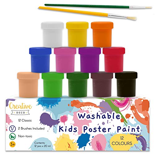 Creative Deco Temperas Pintura Lavable para Niños | 12 x 20 ml Botes | No Tóxica | Colores Básicos Intensos Principiantes, Estudiantes y Artistas