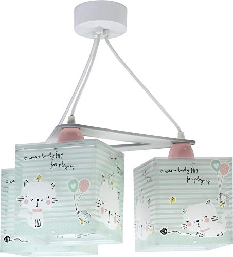 Dalber Lámpara Infantil de Techo 3 Luces Loving Cat Gatos Animales, 60 W, Verde