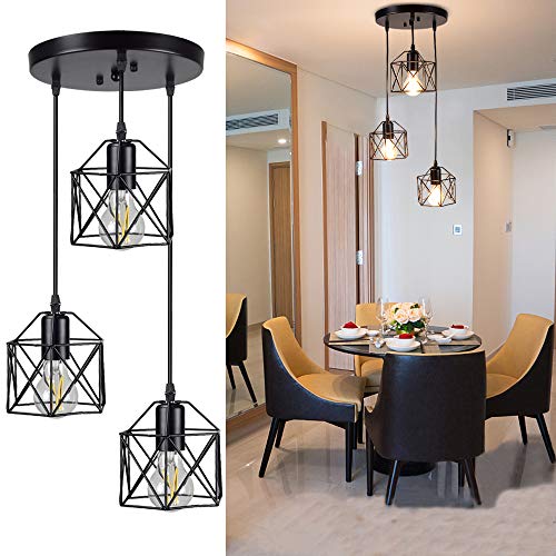 Depuley - Plafón colgante de metal negro, lámpara de comedor de hierro forjado, altura de cable ajustable, 3 bombillas E27 no incluidas, ideal para restaurante, salón, dormitorio y escalera