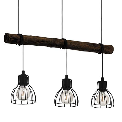 EGLO Horningtops - Lámpara colgante industrial retro de acero y madera, para mesa de comedor, salón, colgante en negro, marrón oscuro, portalámparas E27, 3 luces