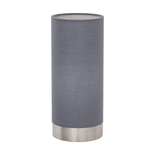 EGLO Lámpara de mesa Pasteri, 1 luz de mesa textil lámpara de mesa de noche de acero y tela, color: níquel mate, gris, casquillo E27, incluye tocador, altura: 25,6 cm