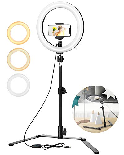 ELEGIANT Anillo de luz Trípode LED 10", Aro Soporte de Luz de Selfie de Regulable 3 Colores de Luz + 10 Niveles de Brillo, Trípode de Teléfono Móvil para Tiktok Youtube Transmisión en Vivo Volg