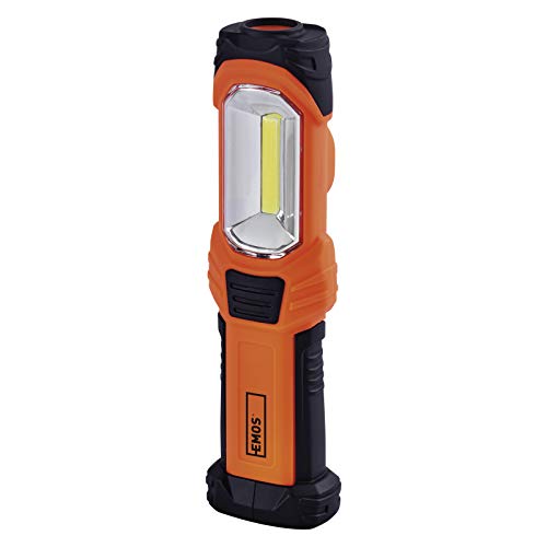 EMOS P4111 COB-Lámpara de Trabajo LED, Impermeable, con 3 Modos, pie de sujeción Plegable, Gancho y 3 imanes, 280 LM, 108 m de Alcance, 8 Unidades de duración de la luz, Funciona con Pilas