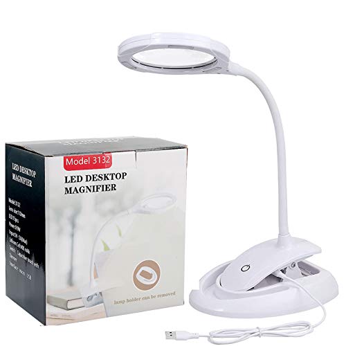 eSynic Lámpara de Aumento de 5X 10X LED Recargable Lupa Lámpara con Abrazada de Metal Lente de Lupa de Vidrio Óptico Iluminado y 3 Configuraciones de Luz Ajustable para Leer, Hobbies, Manualidades