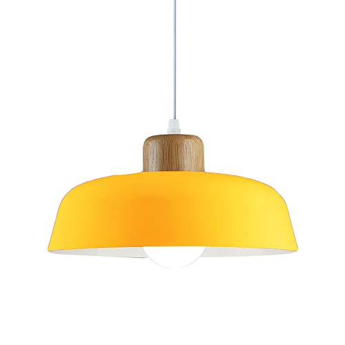 HJXDtech Luz Colgante de Metal Redonda Simple Moderna nórdica,Lámpara de Techo Grande con Acabado de Madera E27 para salón de Dormitorio de Cocina (Amarillo)