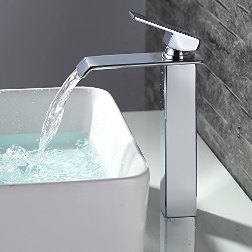 HOMELODY Grifo de Lavabo Alto Grifo Cascada para Baño Grifo de Cuenca Cromado Grifo Cuadrado Monomando Mezclador para Agua Fria y Caliente