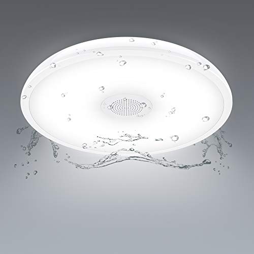 Horevo Plafón de Techo con Altavoz Bluetooth 18W, IP65 Impermeable LED Lámpara de Techo con Cambio de Color Redon do Moderno Φ28cm, Ritmo Musical Blanco Frío para Baño, Salón, Cocina, Pasillo