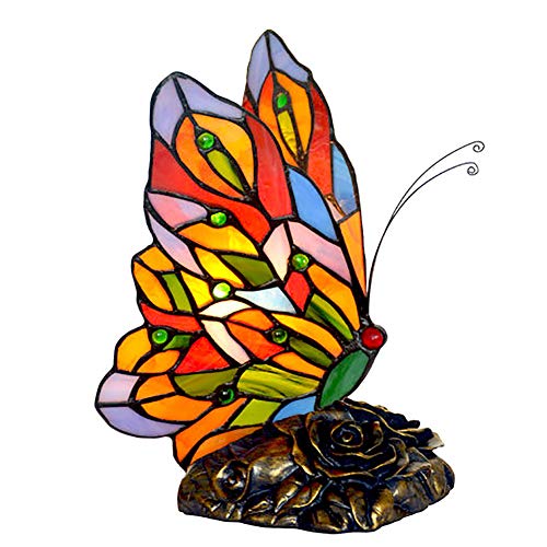 Ideahome Mariposa Modelado Tiffany Lámpara Escritorio,Creativo Vitral E14 Luz De Noche,Romántico Planchar Arte Base Lámpara De Mesa-Multicolor 7.87"×8.66"