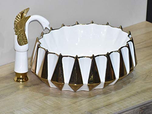 InArt Lavabo Sobre Encimera de Baño Lavabo Porcelana forma ovalada de cerámica para baño Lavabo de Cerámica, Fregadero de sobre Encimera 42 x 38 x 17.5 cm (Color blanco dorado)