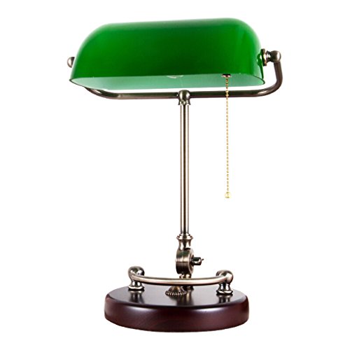 JILAN HOME- Lámpara de mesa de lectura de escritorio tradicional de banquero antiguo con pantalla de vidrio verde y madera sólida E27