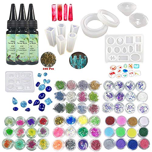 Joligel Kit Resina Epoxi para Joyas UV Transparente Rápida con Moldes Silicona (31 Formas) + 100x Anillos Dorados para Colgantes Collares + 60 Decoraciones con Flores Brillos Holográficos