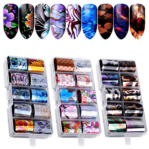 Kalolary Nail Art Foil, 30 colores Holográfico Nail Stickers Tips Wraps Foil Transfer Sticker Glitters Kit de decoración para manicura Acrílico DIY Decoración (3 Caja / 30pcs)