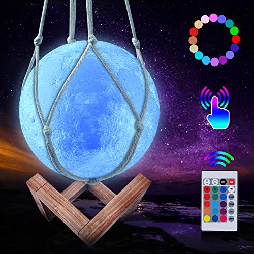 Kangtaixin Lámpara de Luna, LED 3D Lámpara de Luz Luna, 16 Colores Luz Nocturna Regulable con Control Táctil Remoto para Niños, con Soporte de Madera y red Colgante (15 cm)