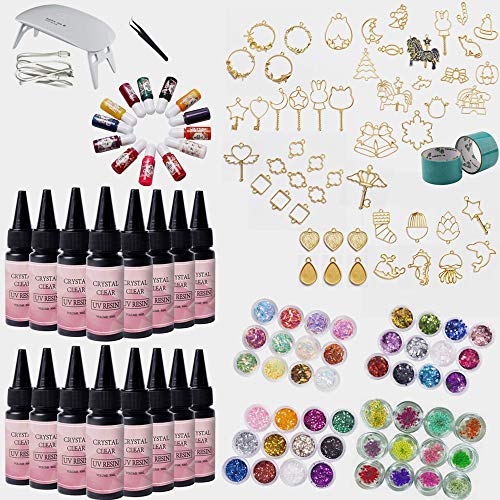 Kit Resina UV Transparente 16 piezas para hacer joyas con pinzas pigmento lámpara flores secas purpurina 52 biseles múltiples patrones Navidades Unicornio para colgantes Collares Llaveros DIY