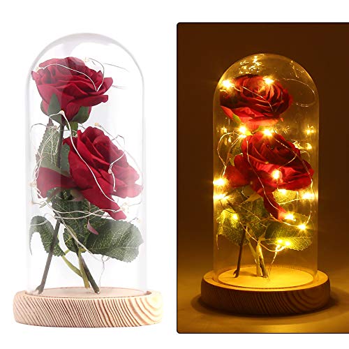 Konesky La Bella y la Bestia Kit de Rosas, Romántica Base Pino Luces LED Con Pantalla De Cristal DIY Regalo Lámpara Rosa Bar de KTV Decoración De Escritorio, Día de San Valentín Aniversario Bodas