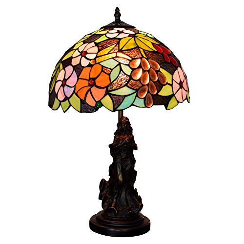Lámpara de mesa estilo Tiffany, base de ángel de resina de vidriera de sombra de uva de 12 pulgadas para sala de estar dormitorio escritorio lámparas de lectura antiguas