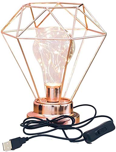 Lámpara de Mesilla de Noche con Forma de Diamante, Lámpara de Mesa de Alambre de Hierro de Estilo Nórdico Lámpara de Mesilla de Noche USB para Dormitorio (Oro Rosa)
