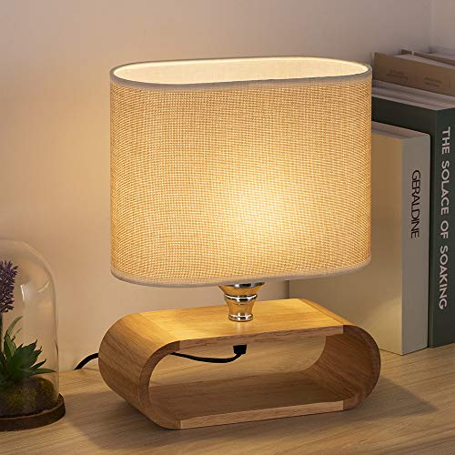 Lámpara de mesilla Lámpara de escritorio pequeña de madera con base ovalada y pantalla de tela para dormitorio, sala de estar