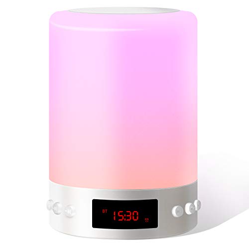 Luces Nocturnas Altavoz Bluetooth, Swonuk Luz Nocturna Portátil Lámpara de Mesa LED Táctil con Radio FM Reloj Despertador Lámpara de Noche Regulable