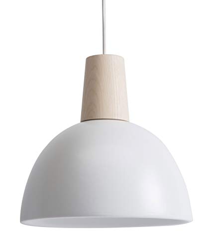 Lussiol 250425 - Lámpara colgante de cerámica, 60 W, color blanco/madera natural, diámetro 25 x altura 25 cm