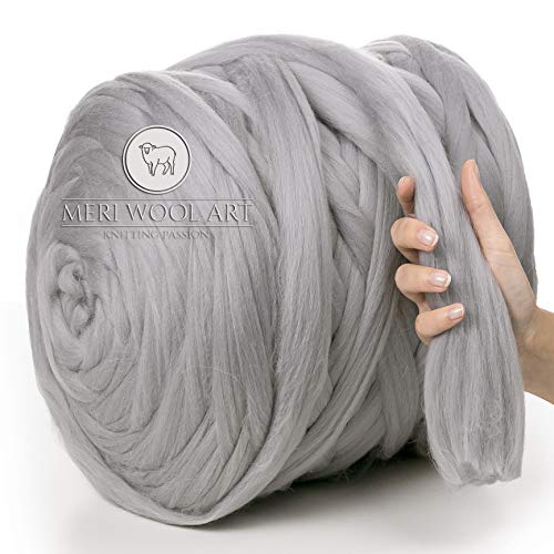 MeriWoolArt 100% lana merina, hilo grueso, súper suave, 25 micrones extra grueso | 4-5 cm | Brazo Tejido Manta Lanzamiento Bufandas Vestir Hilado Fieltro (LIGHT GREY, 100g)