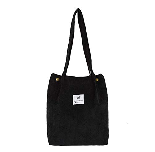 Milai Bolso de pana para damas chica gran Bolso de hombro de pana Bolso de mano lavable reutilizable bolso de bandolera casual para mamá maestra trabajo escolar playa compras comida viajes (Negro)