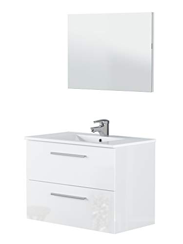 Miroytengo Mueble baño Aseo suspendido con Espejo Blanco Brillo 2 cajones con Cierre Progresivo y Tiradores Modernos para Lavabo 80x45x57 cm NO Incluye LAVAMANOS