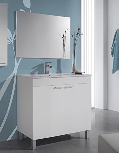 Mueble lavabo de baño o aseo con lavamanos de PMMA y espejo a juego con dos puertas color blanco brillo 80x80x45cm